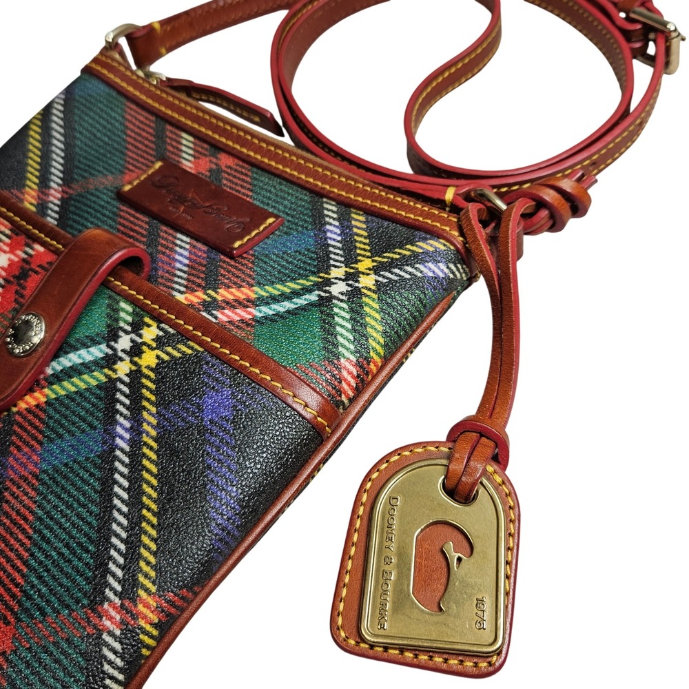 Dooney & Bourke Tartan Plaid Coated Canvas Leather Crossbody Bag Green Red Multi - Picture 2 of 16
